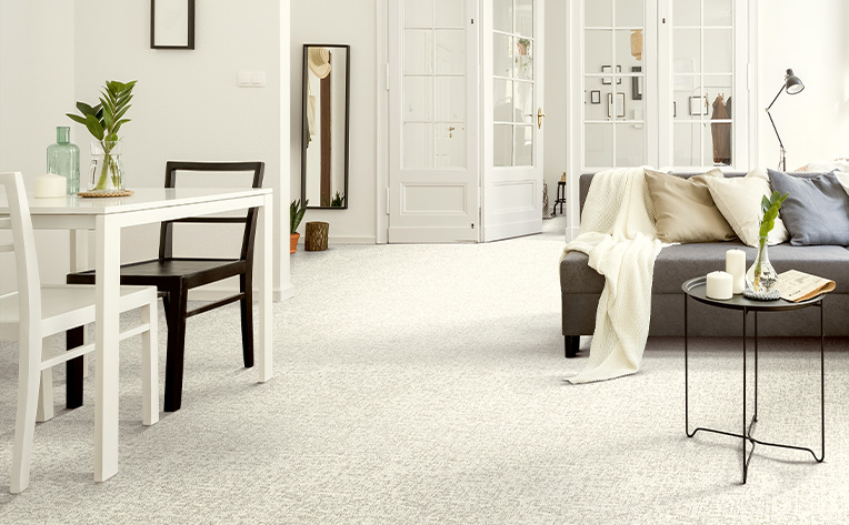 gray and white patterned carpet in open concept living room
